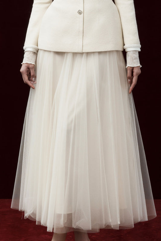 Sage Gathered Layered Mesh Midi Skirt