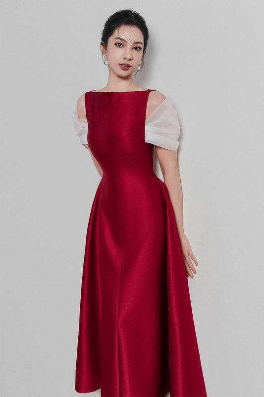 Elfa A-line Boat Neck Taffeta Midi Dress