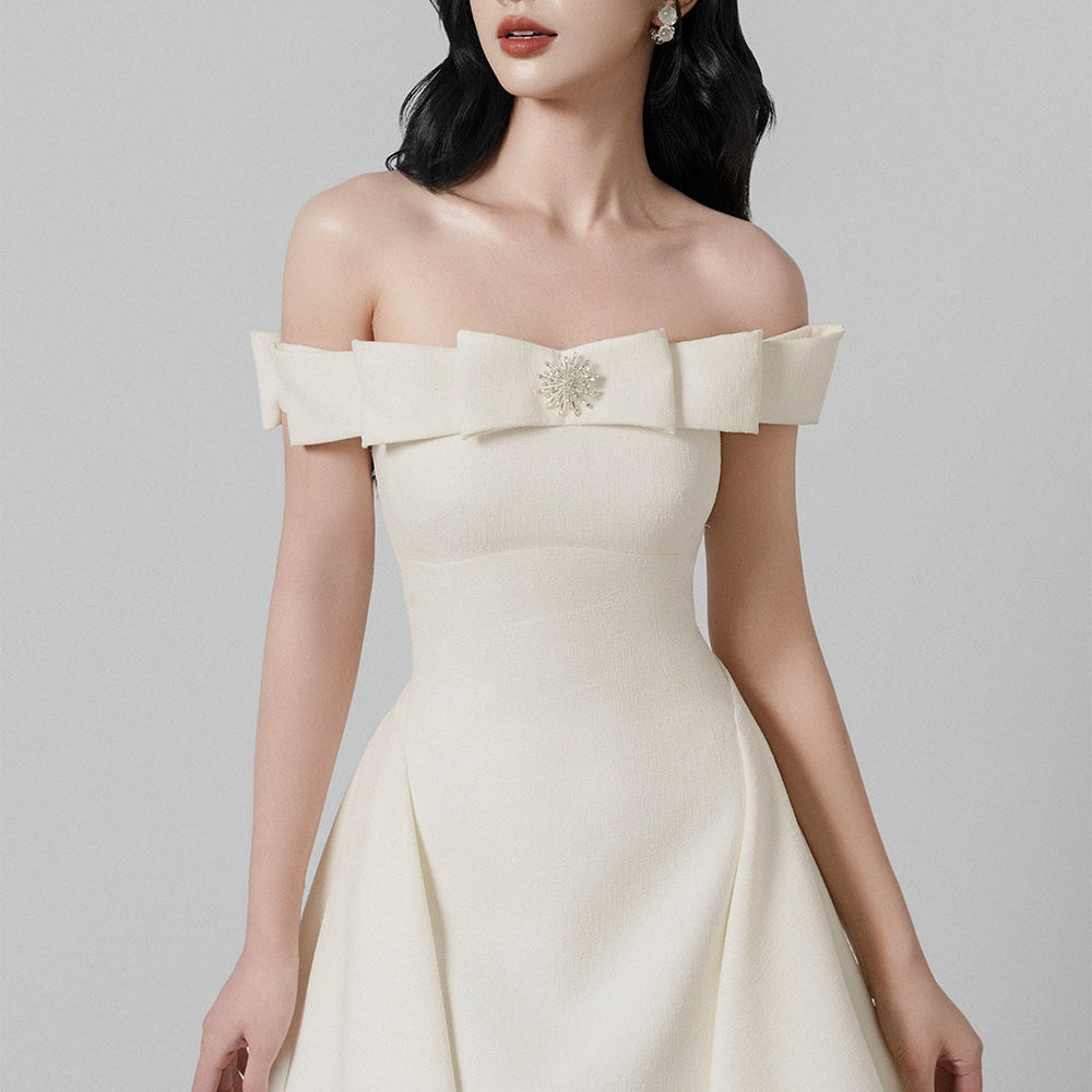 Theodora A-line Open Shoulder Tweed Mini Dress