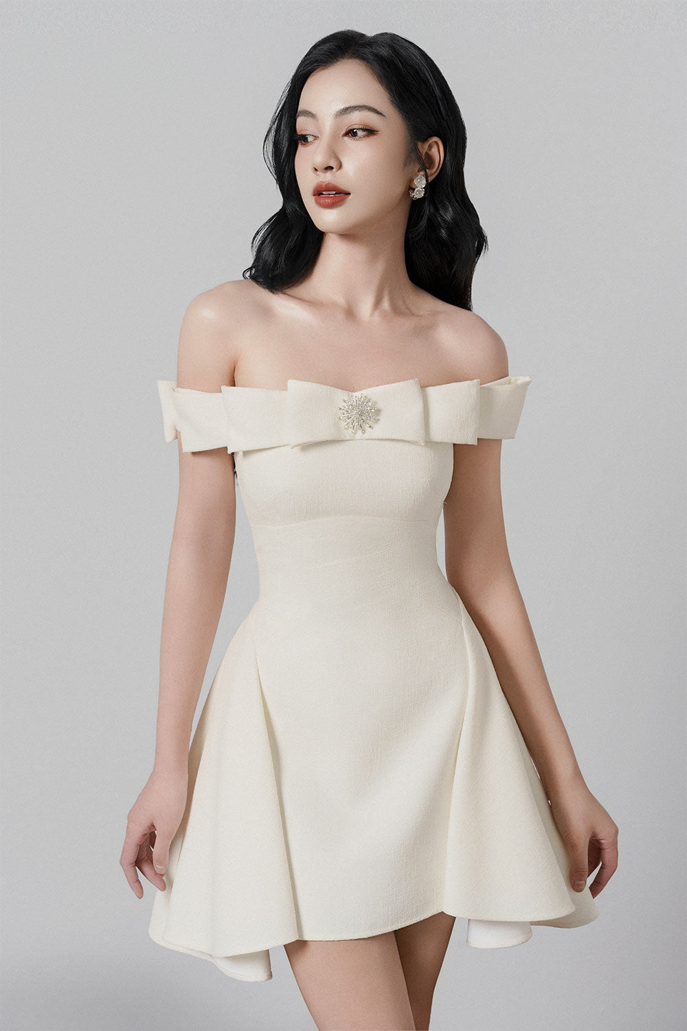 Women's Theodora A-Line Open Shoulder Tweed Mini Dress XS/S/M/L/XL/Customize Cream Mean Blvd Cream / L