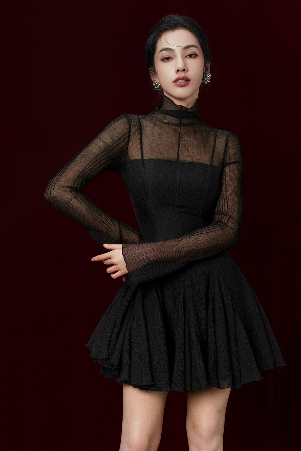 quinn mini dress Women's Quinn A-line Long Sleeved Voile Mini Dress XS/S/M/L/XL Black MEAN  BLVD