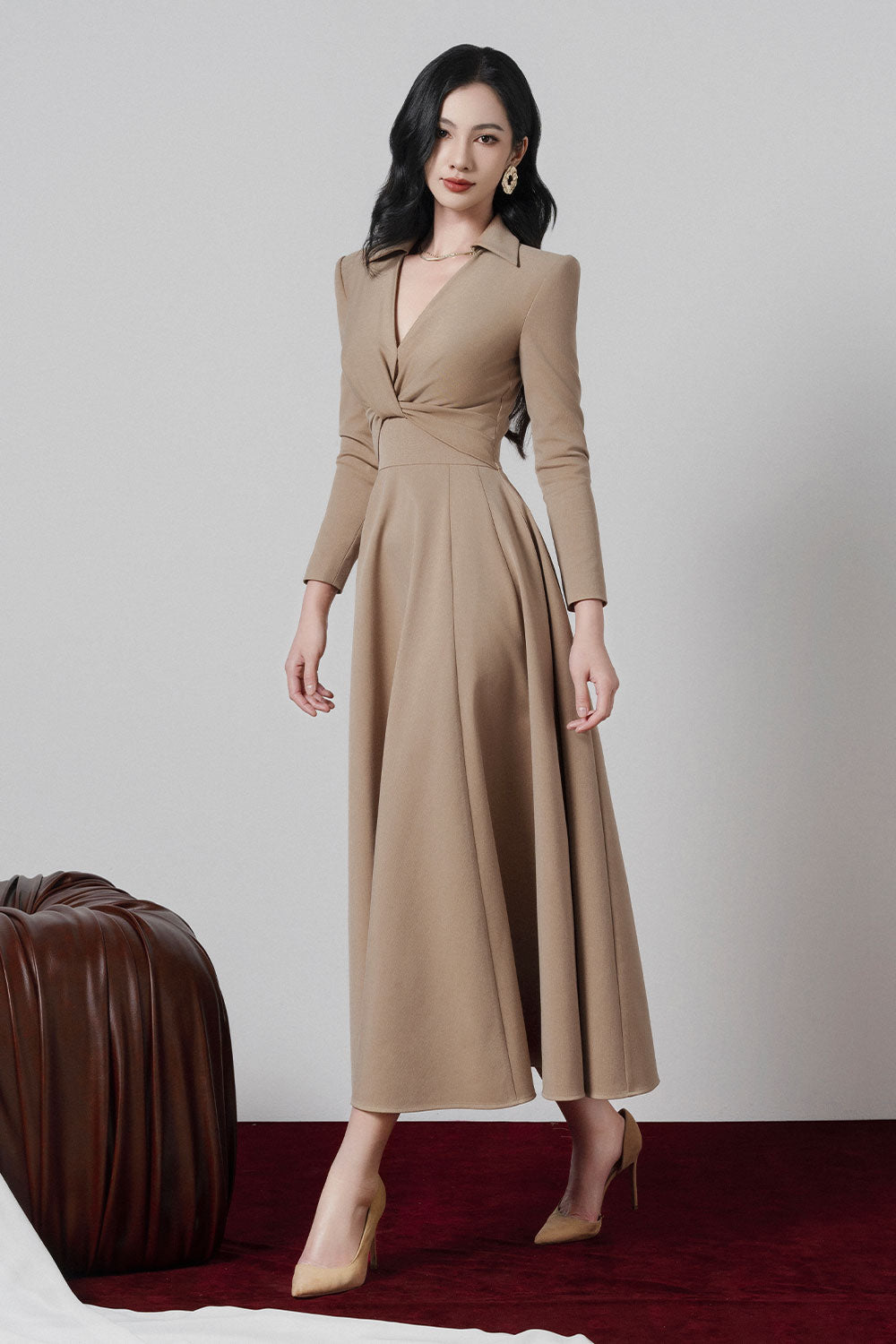 Elowyn Fit and Flare V-Neck Khaki Midi Dress