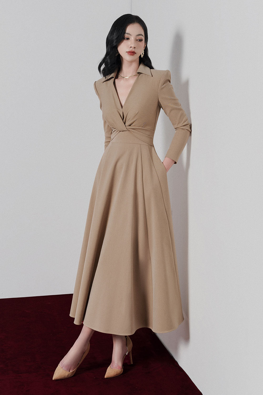 Women's Elowyn Fit and Flare V-Neck Khaki Midi Dress XS/S/M/L/XL/Customize Brown MEAN BLVD Women's Elowyn Fit and Flare V-Neck Khaki Midi Dress XS/S/M/L/XL/Customize Brown MEAN BLVD