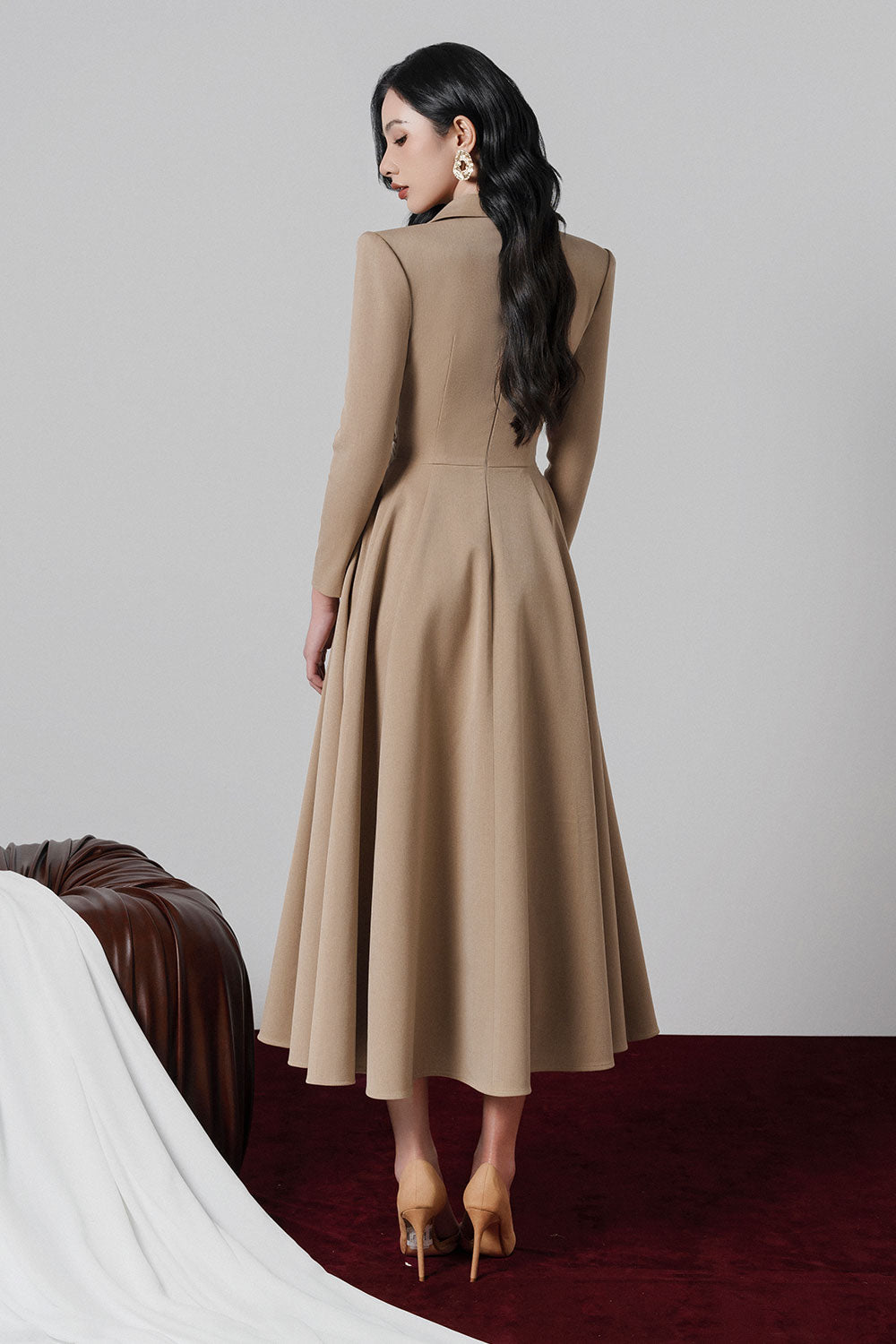 Elowyn Fit and Flare V-Neck Khaki Midi Dress