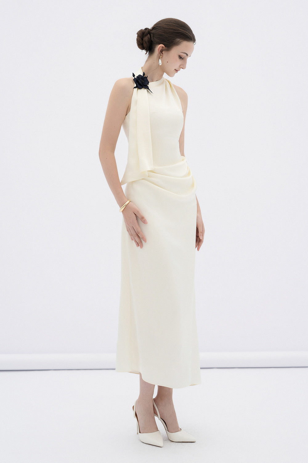 Women's Brie Sheath Scarf Neck Silk Blend Midi Dress XS/S/M/L/XL/Customize Cream Mean Blvd Cream / L
