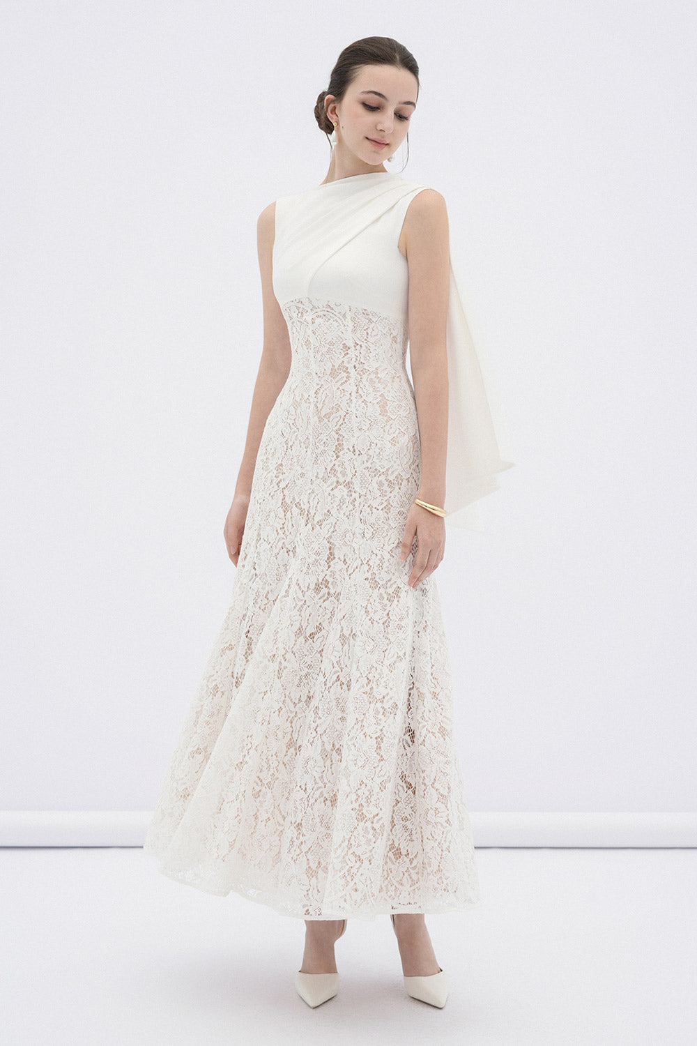 Women's Velin A-Line Scarf Neck Silk Lace Maxi Dress XS/S/M/L/XL/Customize White Mean Blvd White / M Women's Velin A-Line Scarf Neck Silk Lace Maxi Dress XS/S/M/L/XL/Customize White Mean Blvd White / M