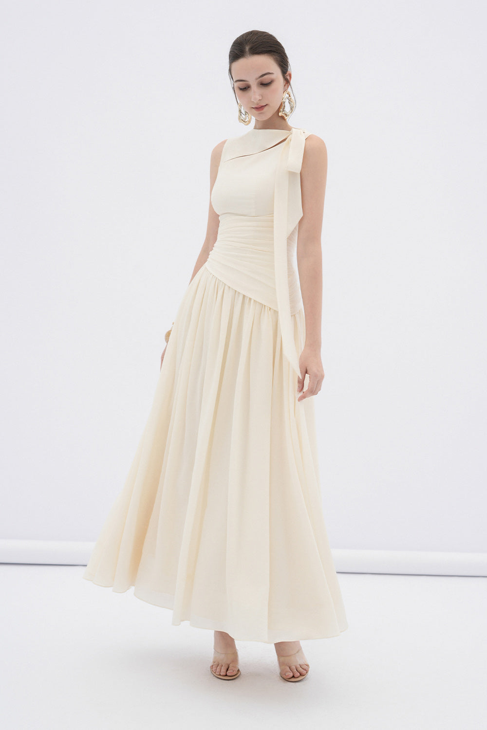 chinese dress ladies Women's Ciel A-Line Cut-Out Silk Linen Maxi Dress XS/S/M/L/XL/Customize Cream Mean Blvd Cream / L