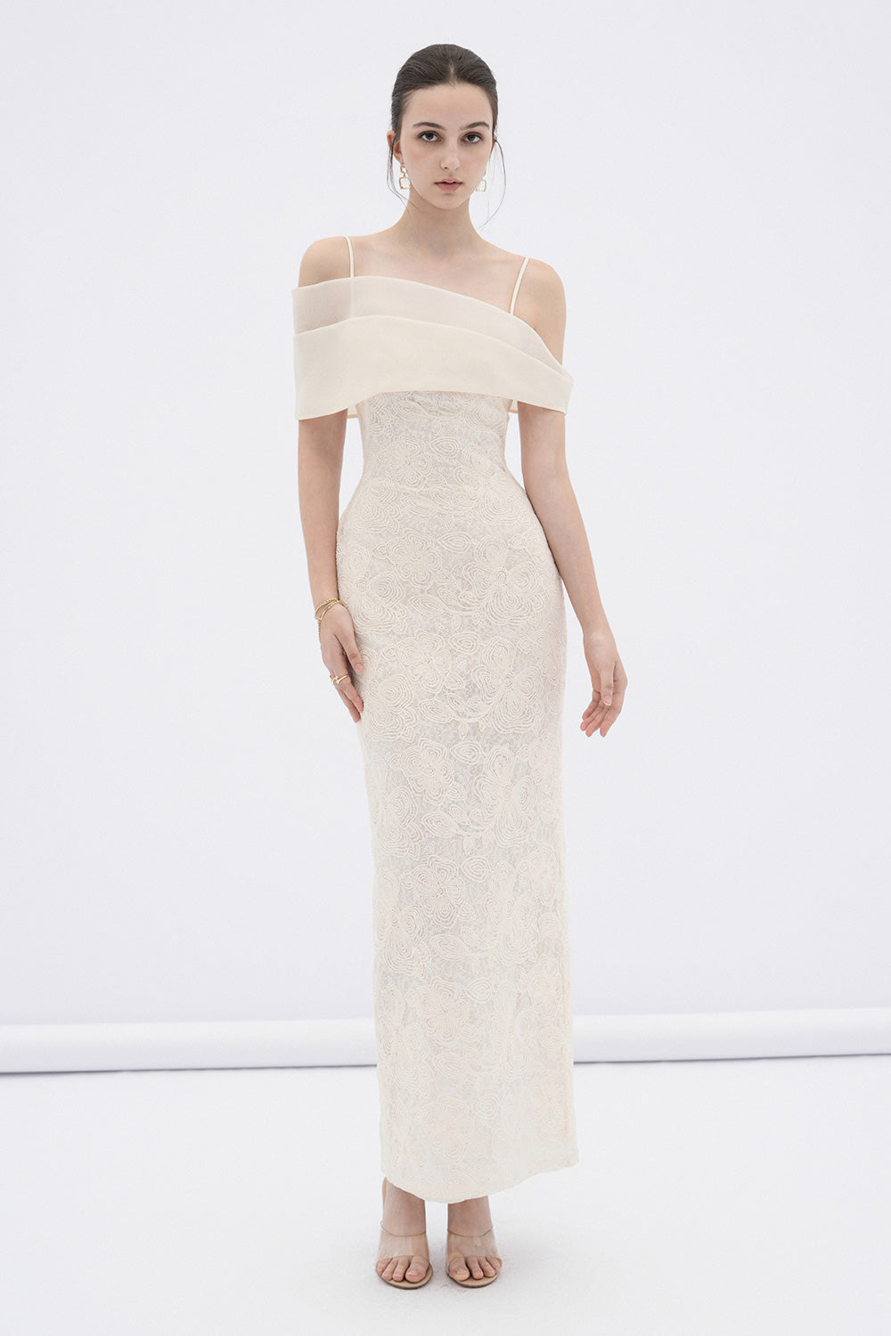 Eira Sheath Cold Shoulder Sleeved Lace Maxi Dress