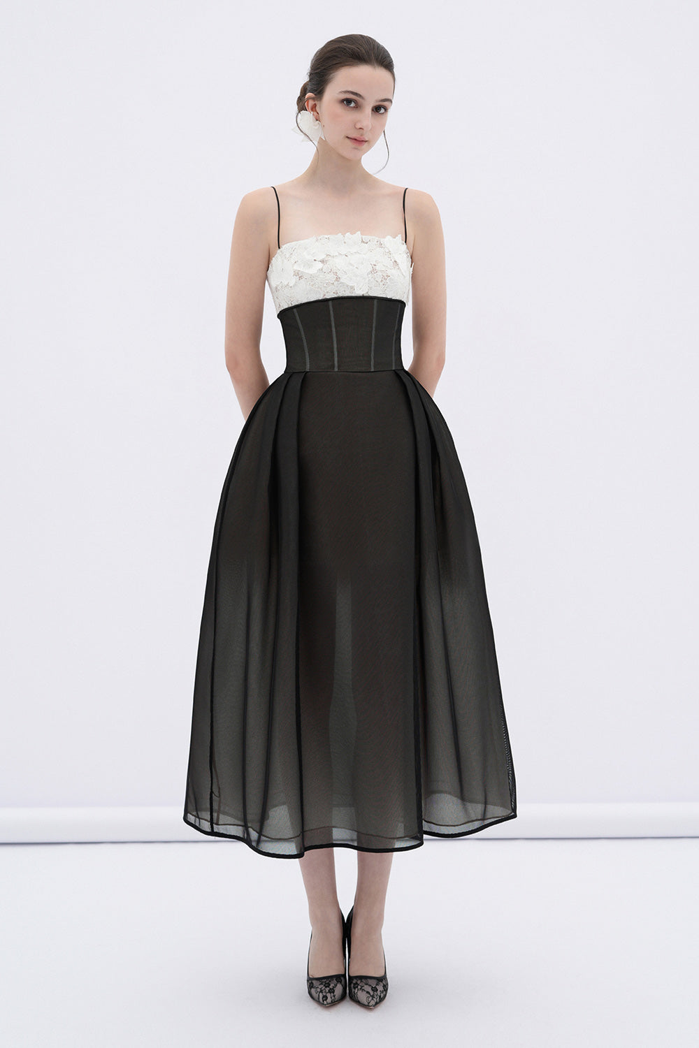 Vela A-line Corset Waist Mesh Midi Dress