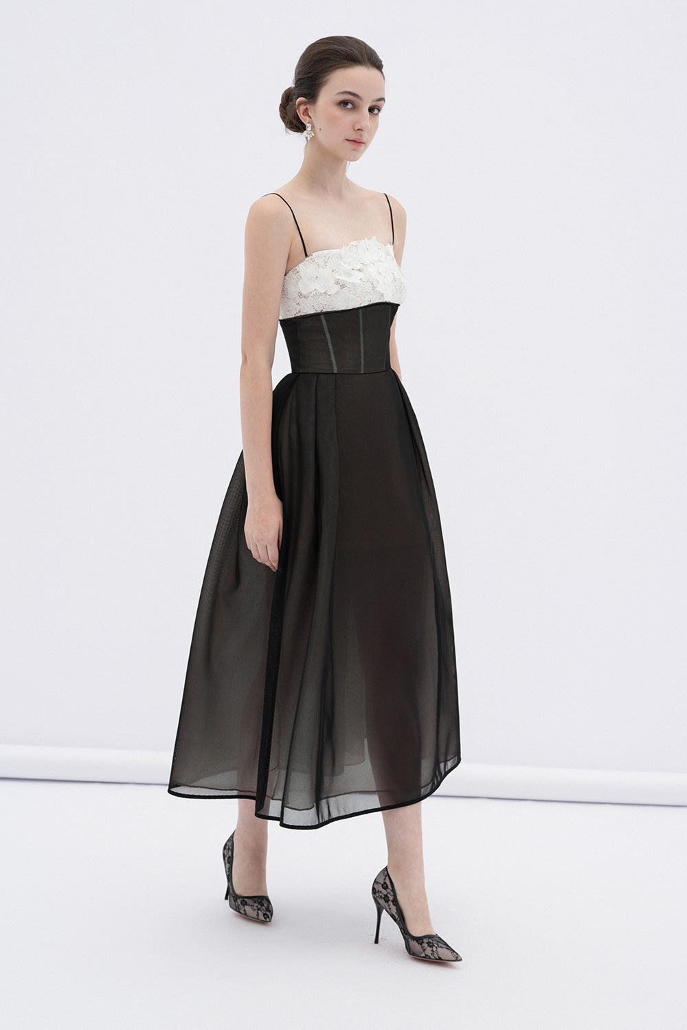 Vela A-line Corset Waist Mesh Midi Dress