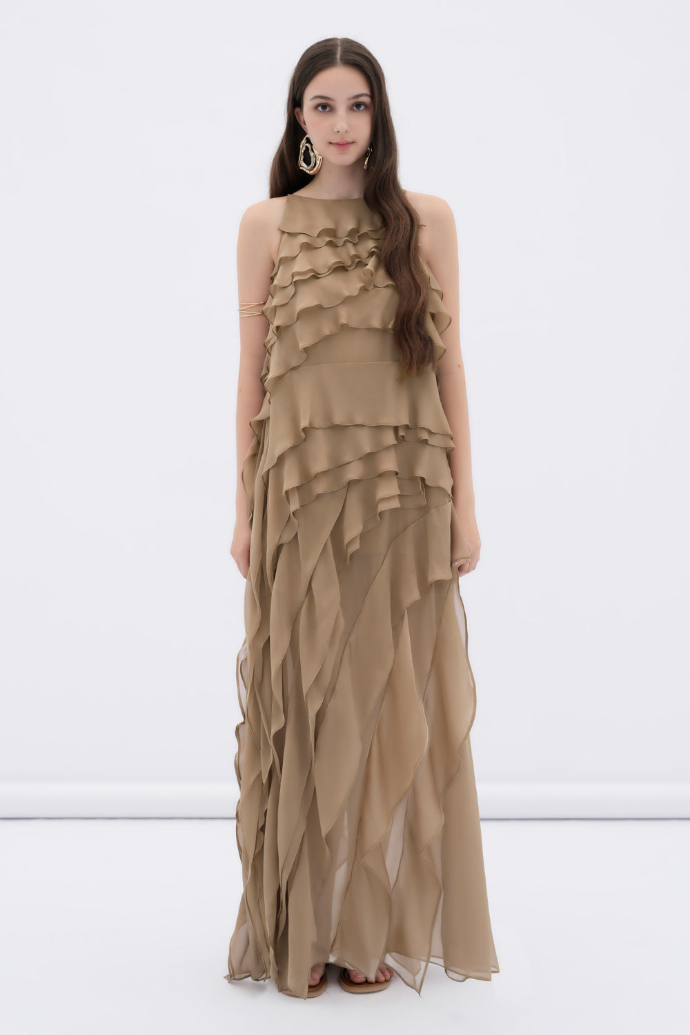 Brune Straight Ruffle Layer Chiffon Maxi Dress