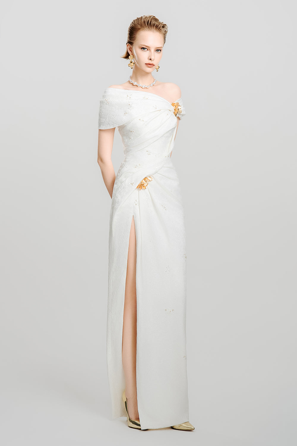 Snow Veil Sheath Side Slit Canvas Maxi Dress