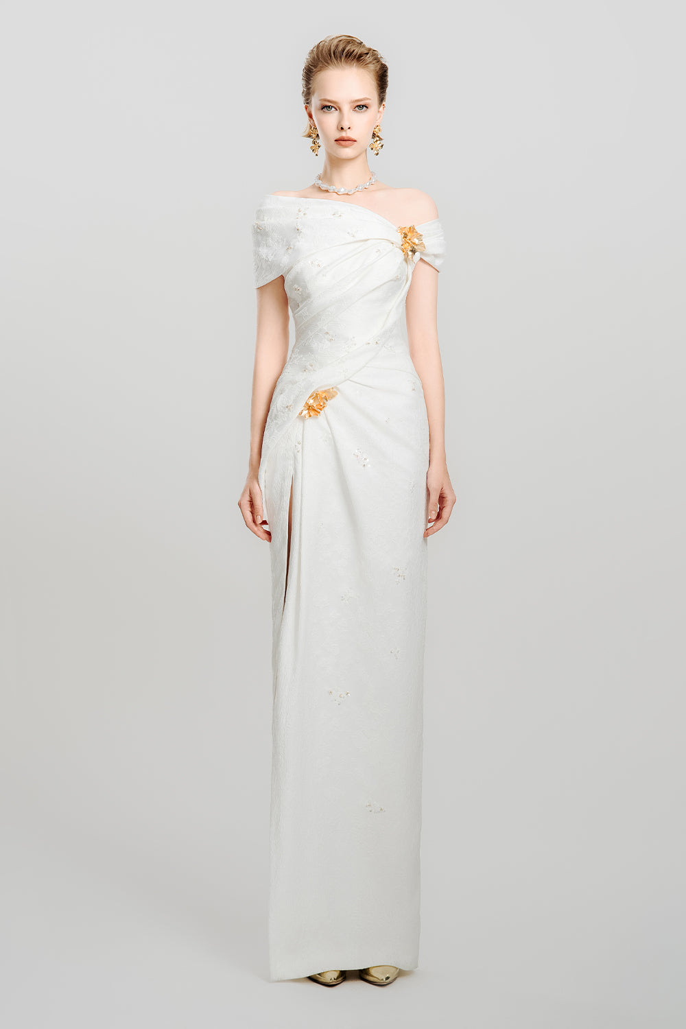 Snow Veil Sheath Side Slit Canvas Maxi Dress