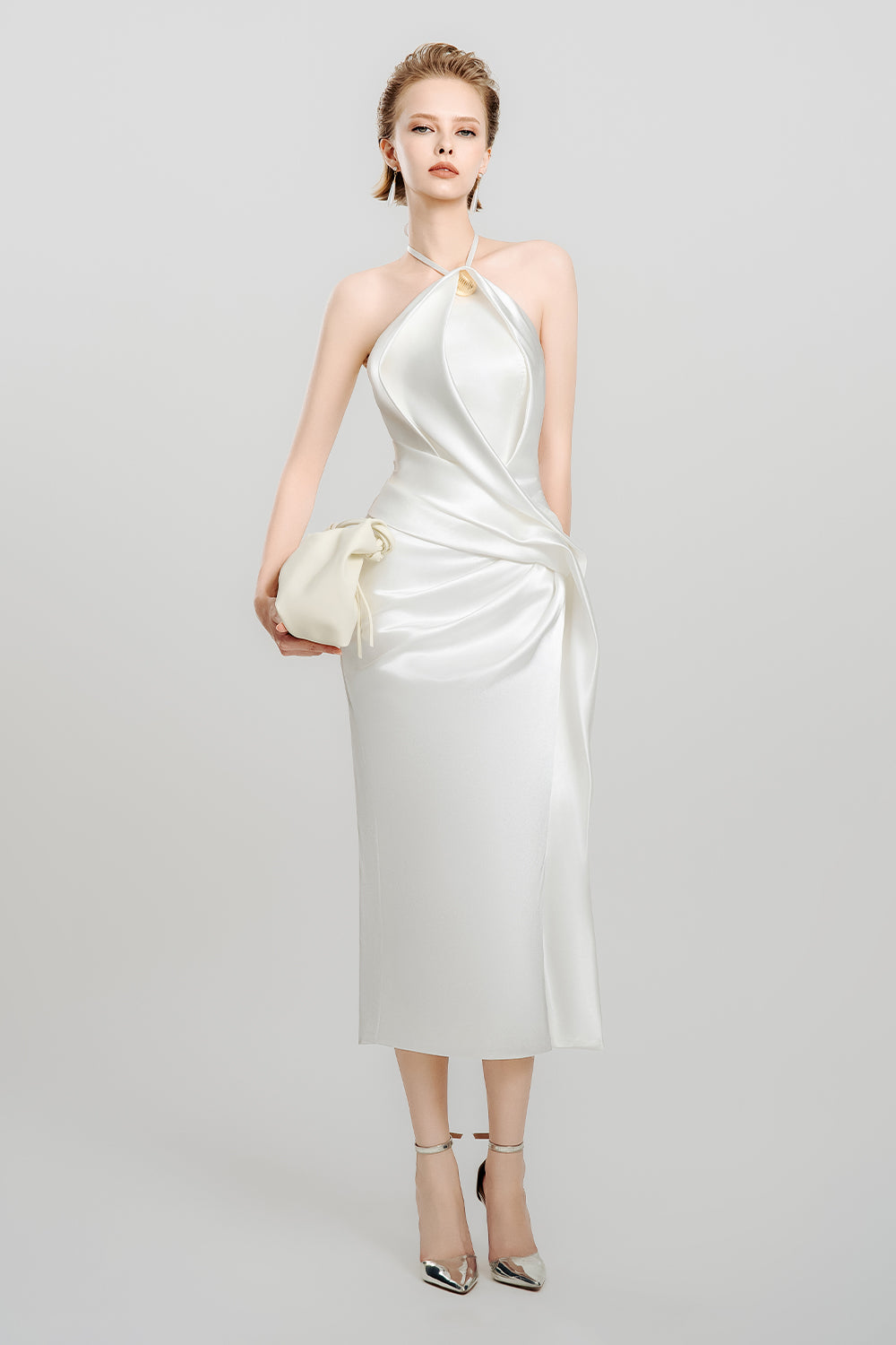 Women's Silken Moon Sheath Halter Neck Satin Midi Dress Customize Cream White MEAN BLVD Women's Silken Moon Sheath Halter Neck Satin Midi Dress Customize Cream White MEAN BLVD
