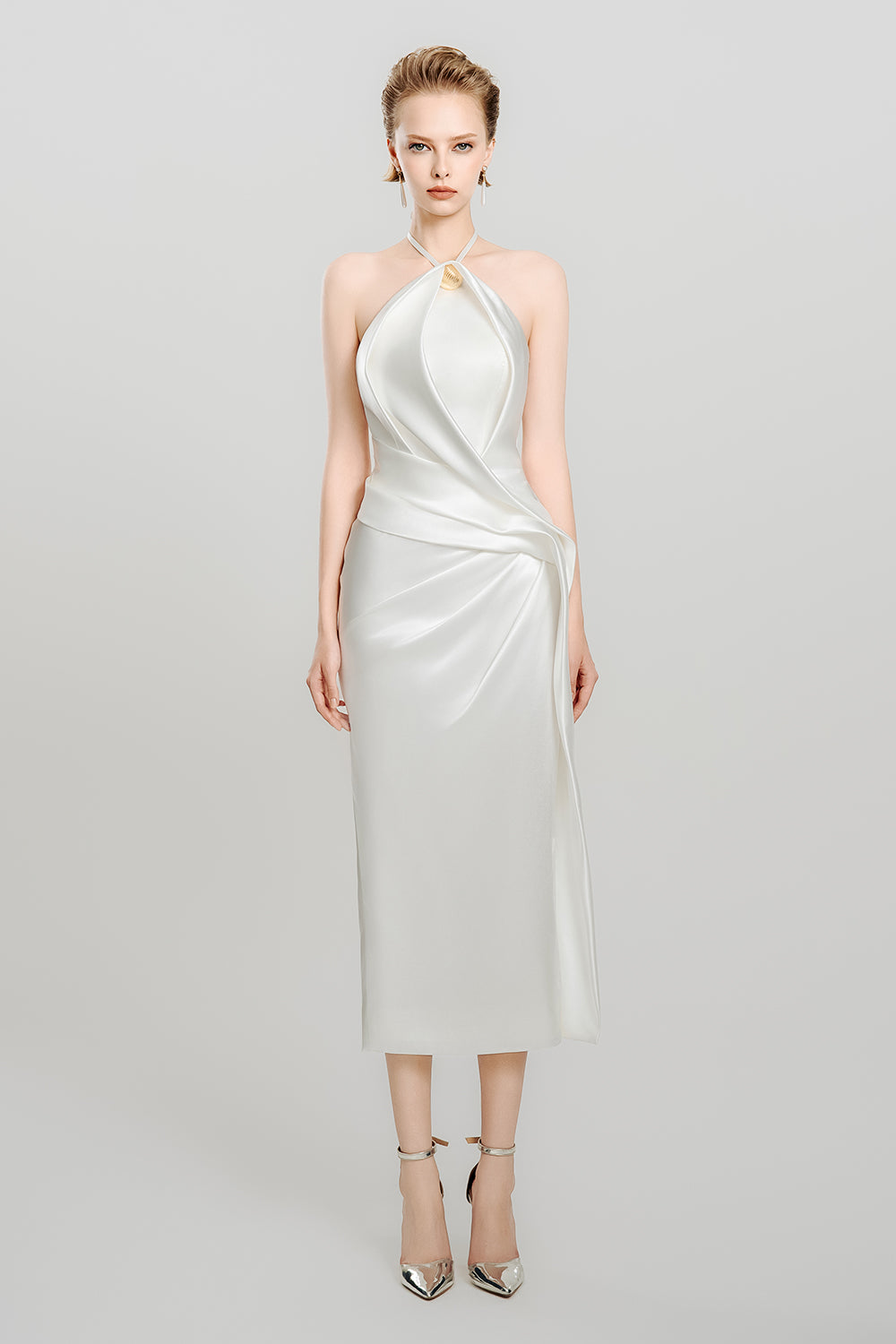 Women's Silken Moon Sheath Halter Neck Satin Midi Dress Customize Cream White MEAN BLVD Women's Silken Moon Sheath Halter Neck Satin Midi Dress Customize Cream White MEAN BLVD
