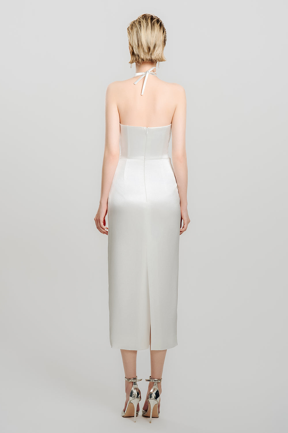 Women's Silken Moon Sheath Halter Neck Satin Midi Dress Customize Cream White MEAN BLVD Women's Silken Moon Sheath Halter Neck Satin Midi Dress Customize Cream White MEAN BLVD