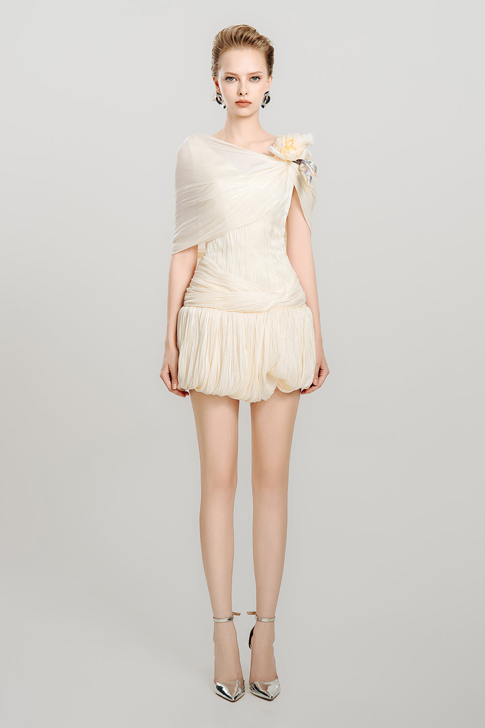 Sugar Pearl Bubble Asymmetric Shoulder Crinkle Chiffon Mini Dress