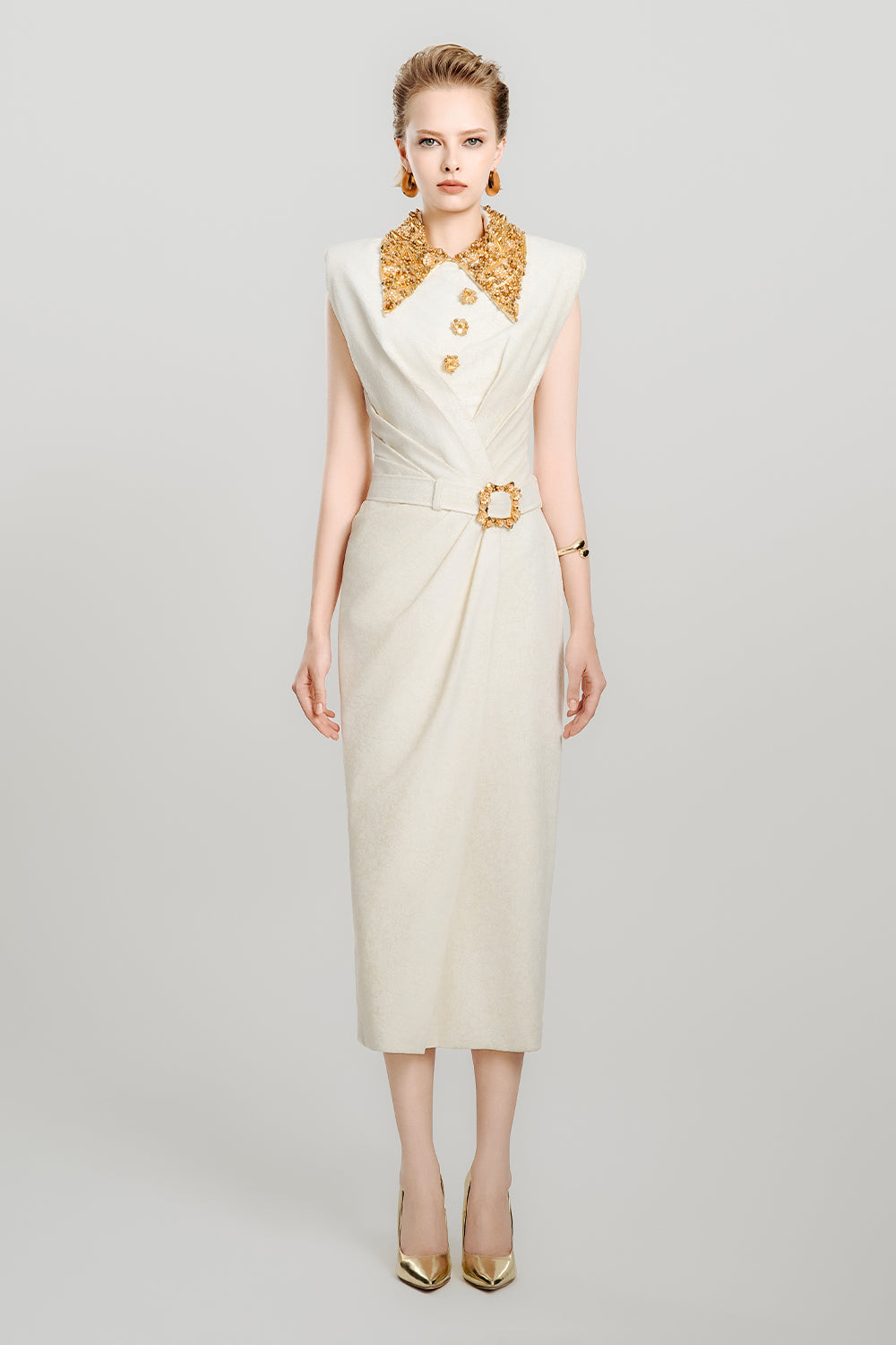 Ivory Crown Pegged Contrasting Collar Fleece Midi Dress