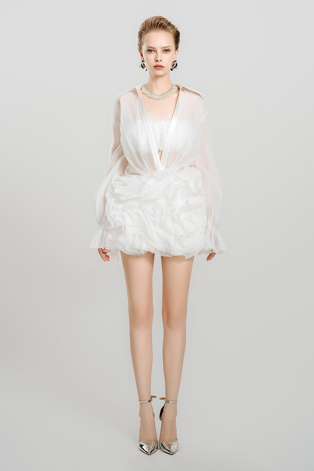White Bloom Blouson Sheer Chiffon Mini Set