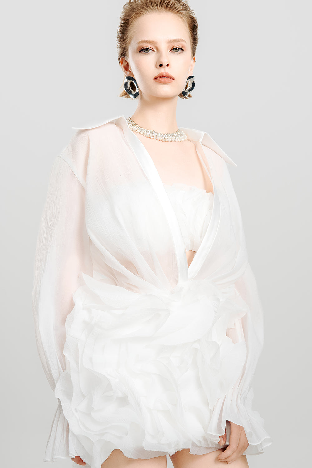 White Bloom Blouson Sheer Chiffon Mini Set