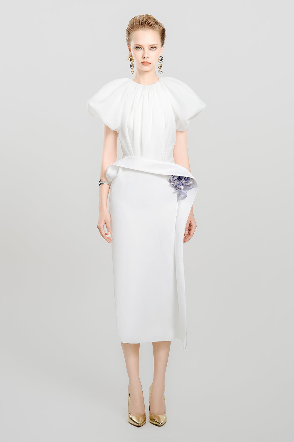 Cloud Whisper Pegged Puffy Sleeved Satin Midi Dress