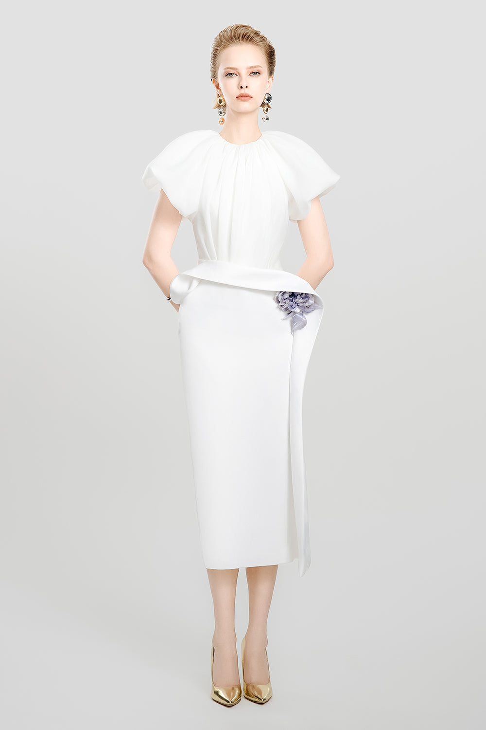 Women's Cloud Whisper Pegged Puffy Sleeved Satin Midi Dress Customize White MEAN BLVD Women's Cloud Whisper Pegged Puffy Sleeved Satin Midi Dress Customize White MEAN BLVD