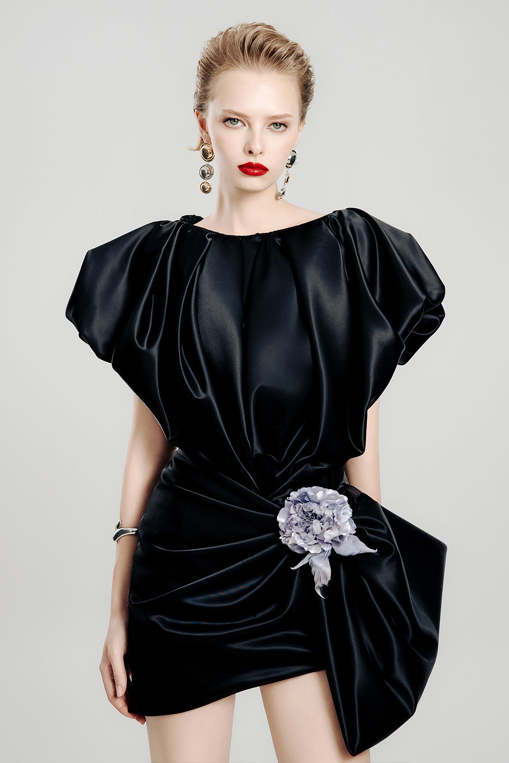 Dark Petal Asymmetric Puffy Sleeved Satin Mini Dress