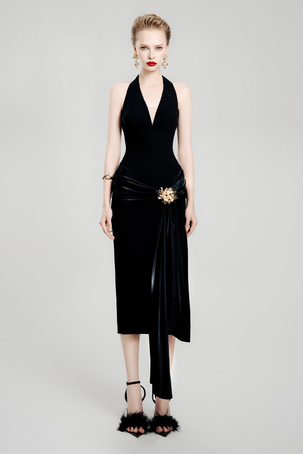 Black Flame Sarong Halter Neck Cotton Voile Midi Dress