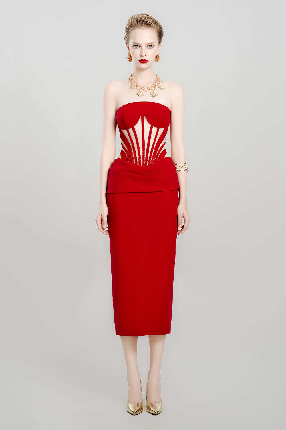 Women's Scarlet Shell Pegged Corset Waist Crepe Midi Dress Customize Red MEAN BLVD