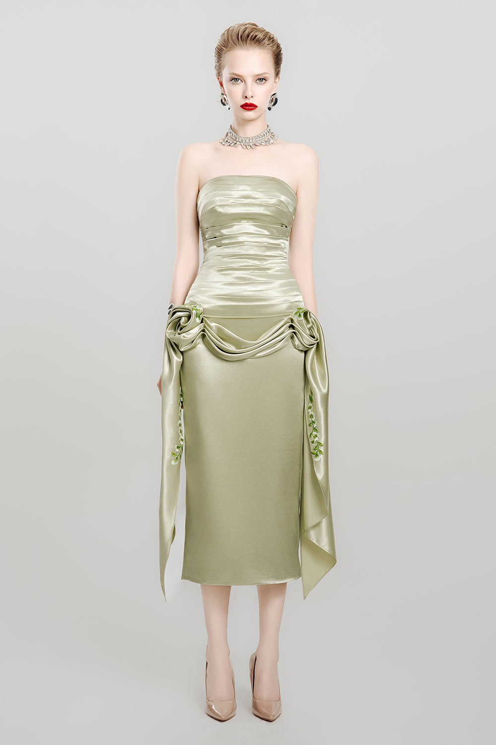 Olive Dream Drop Waist Symmetric Flap Satin Midi Dress