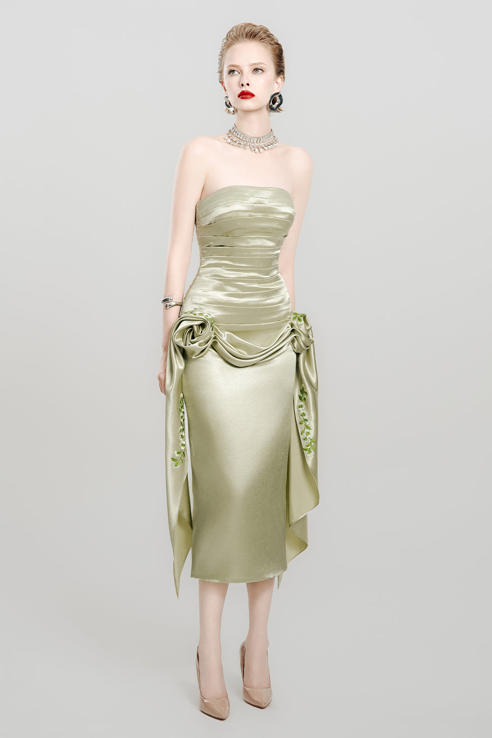 Women's Olive Dream Drop Waist Symmetric Flap Satin Midi Dress Customize Tender Green MEAN BLVD Women's Olive Dream Drop Waist Symmetric Flap Satin Midi Dress Customize Tender Green MEAN BLVD