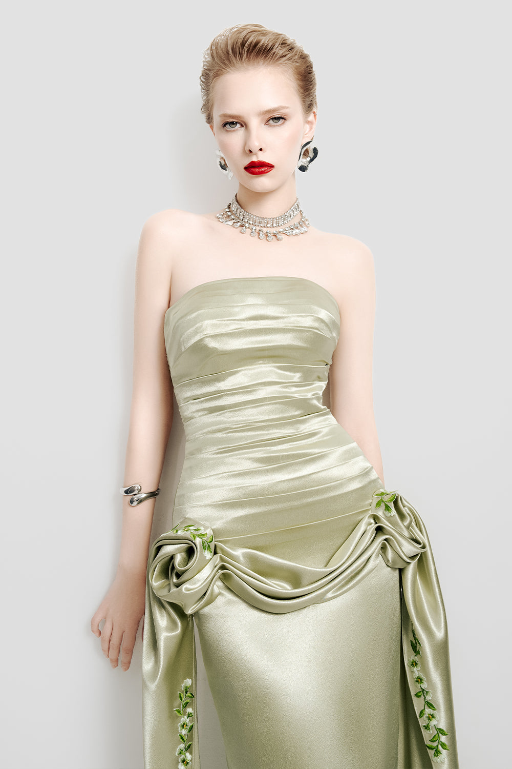 Olive Dream Drop Waist Symmetric Flap Satin Midi Dress