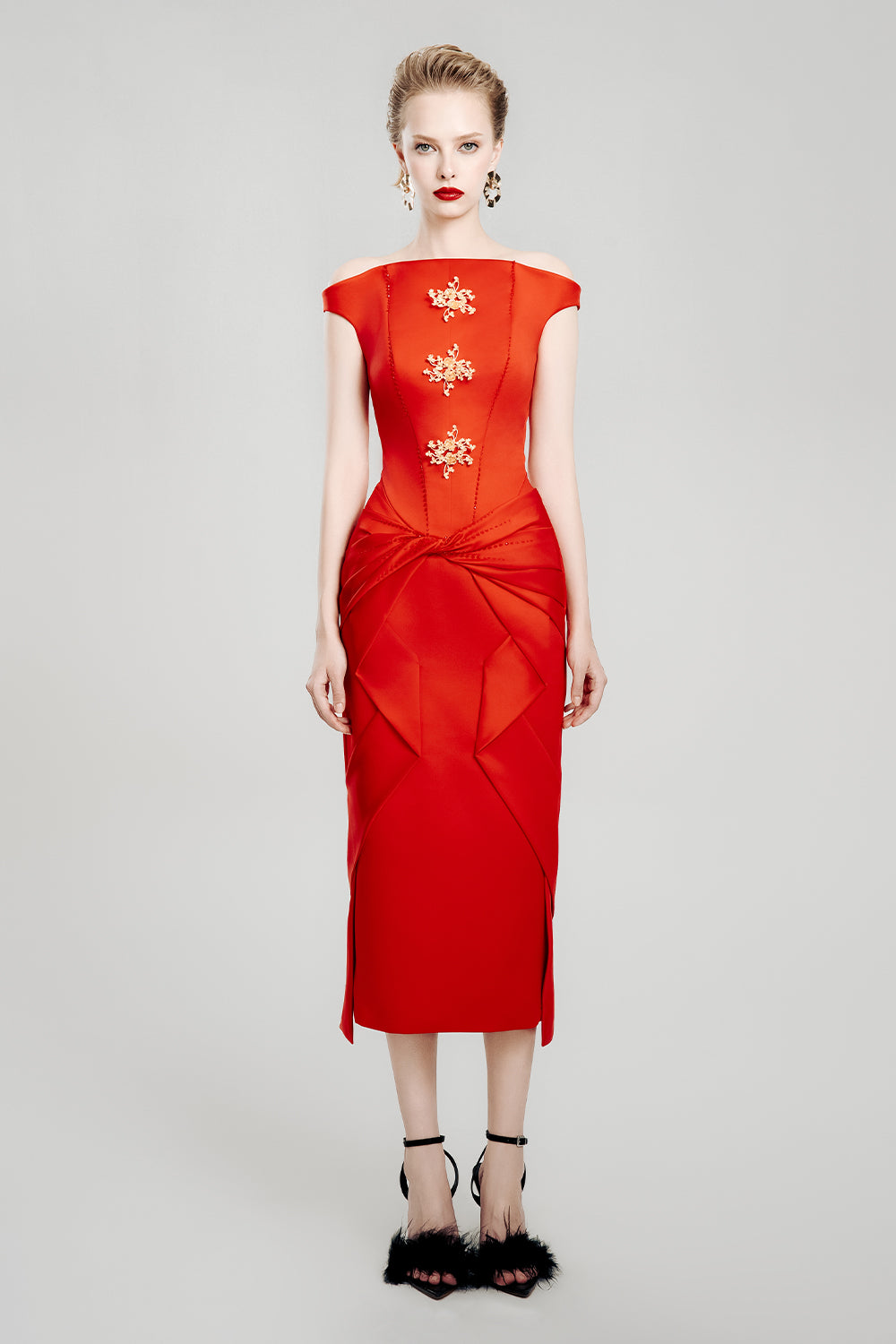 Crimson Grace Sheath Twisted Satin Midi Dress