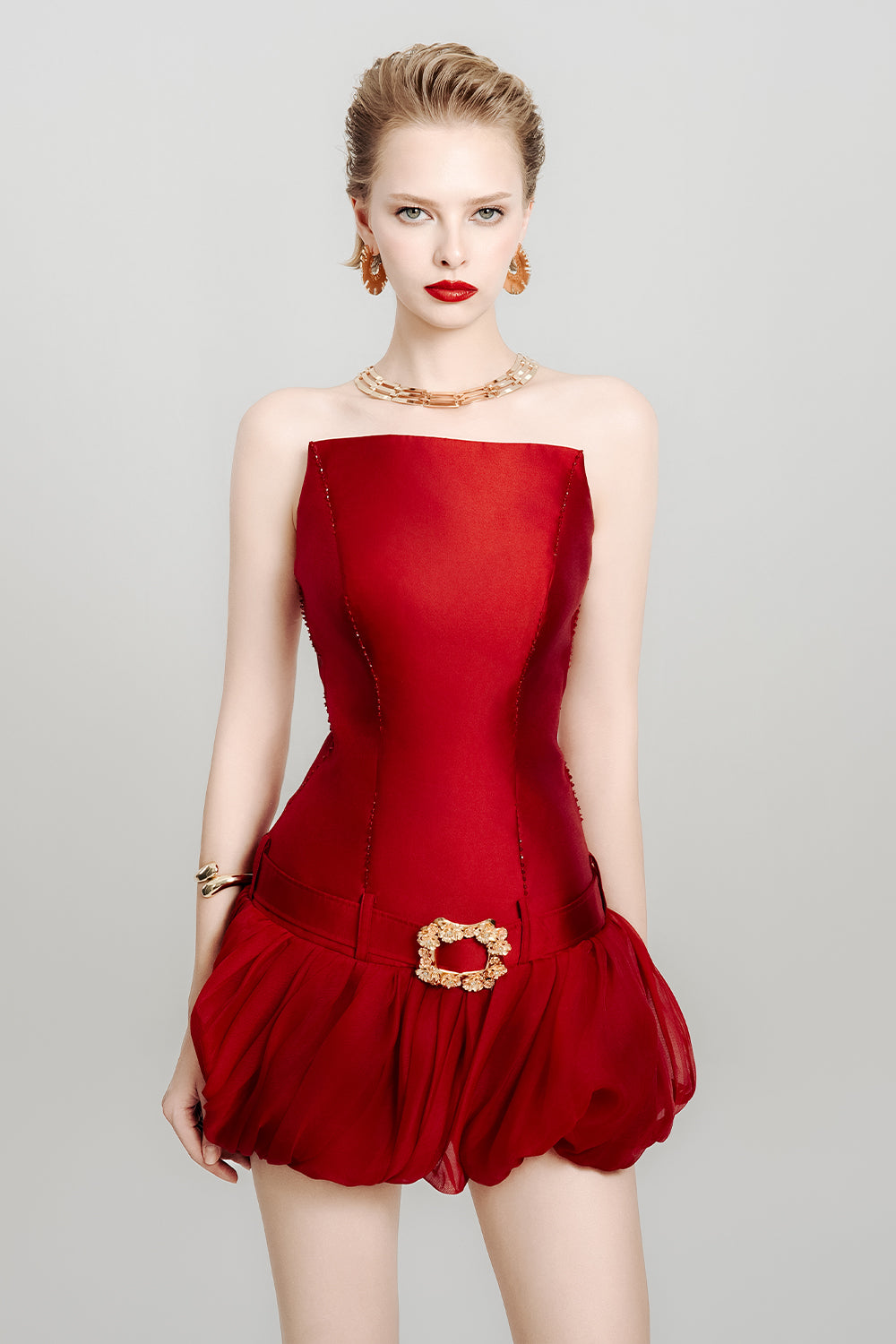 Women's Red Poison Bubble/Balloon Straight Across Neck Taffeta Mini Dress  Customize Red MEAN BLVD