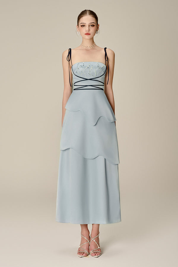 Doris Layered Square Neck Taffeta Midi Dress