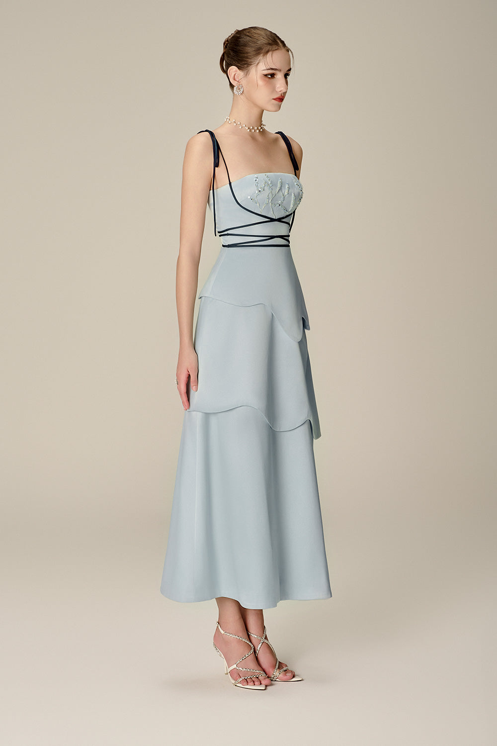 knee length dresses for ladies Women's Doris Layered Square Neck Taffeta Midi Dress S/M/Customize Dusky Blue Mean Blvd Dusky Blue / Customize