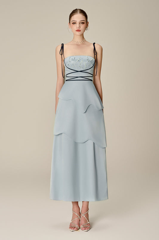 Doris Layered Square Neck Taffeta Midi Dress