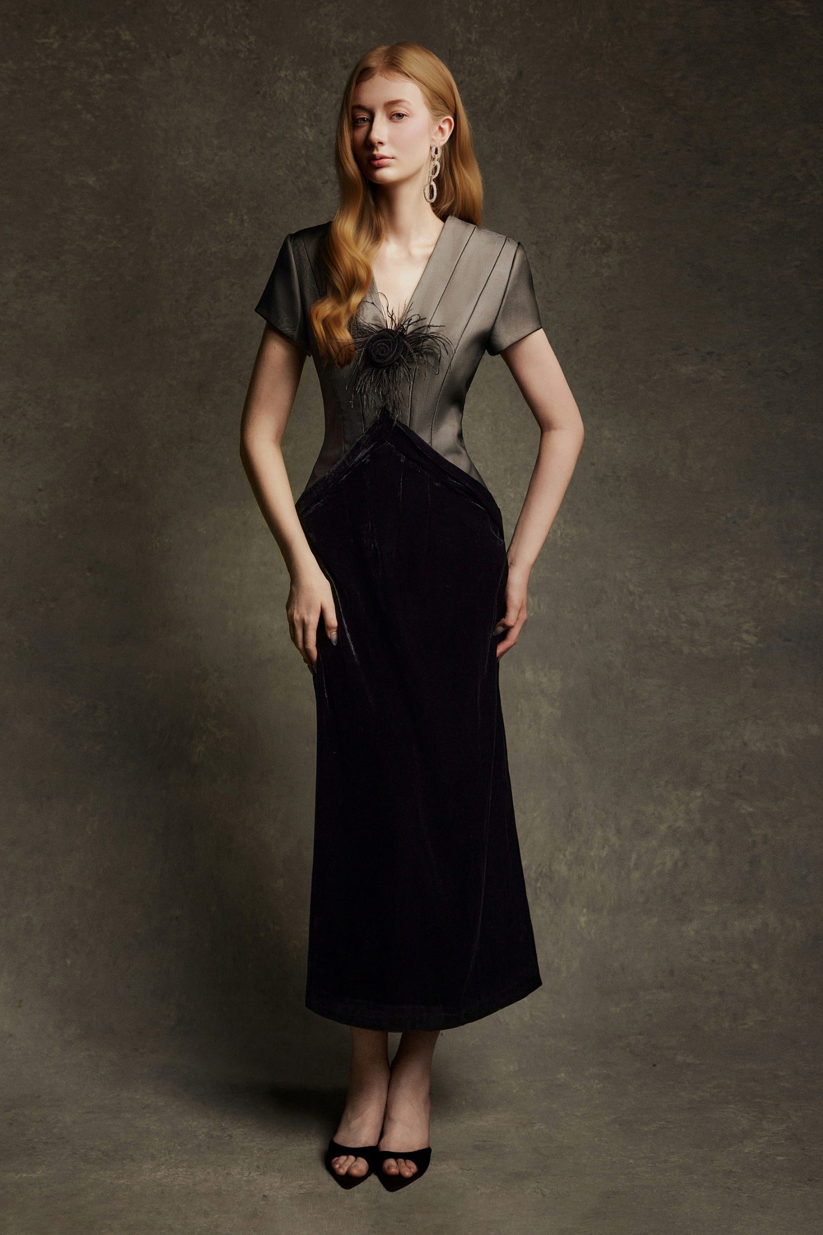 Noir V-Neck Midi Dress