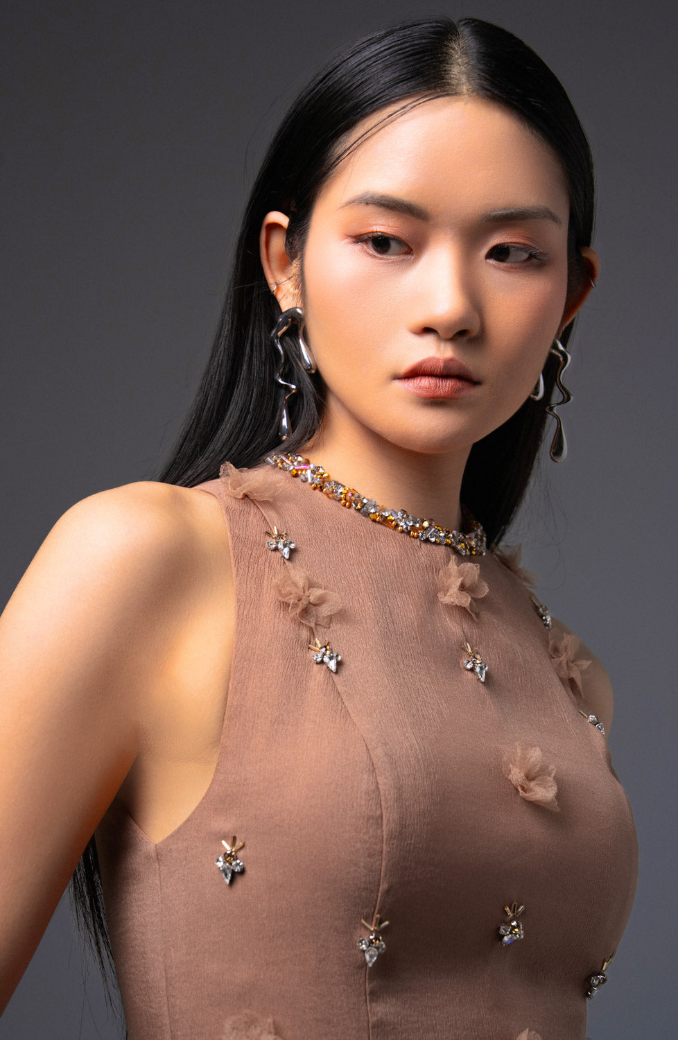 Potter Mermaid Jewel Neck Organza Floor Length Dress