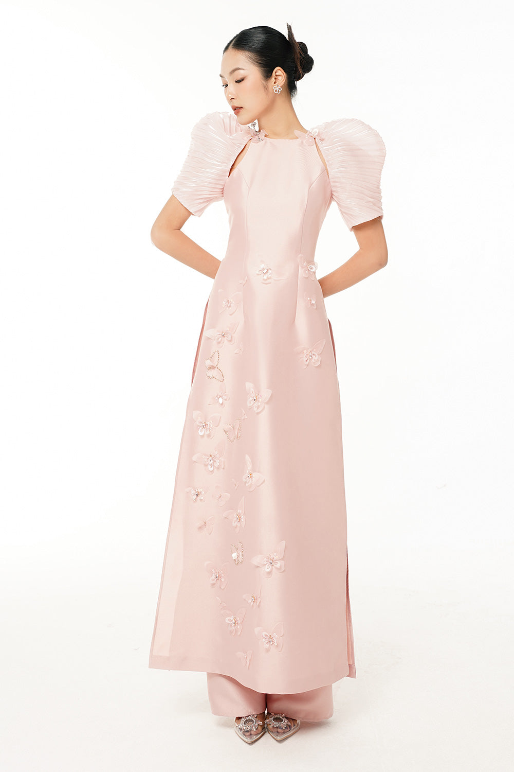 An Hy A-line Cut-Out Taffeta Floor Length Ao Dai Set