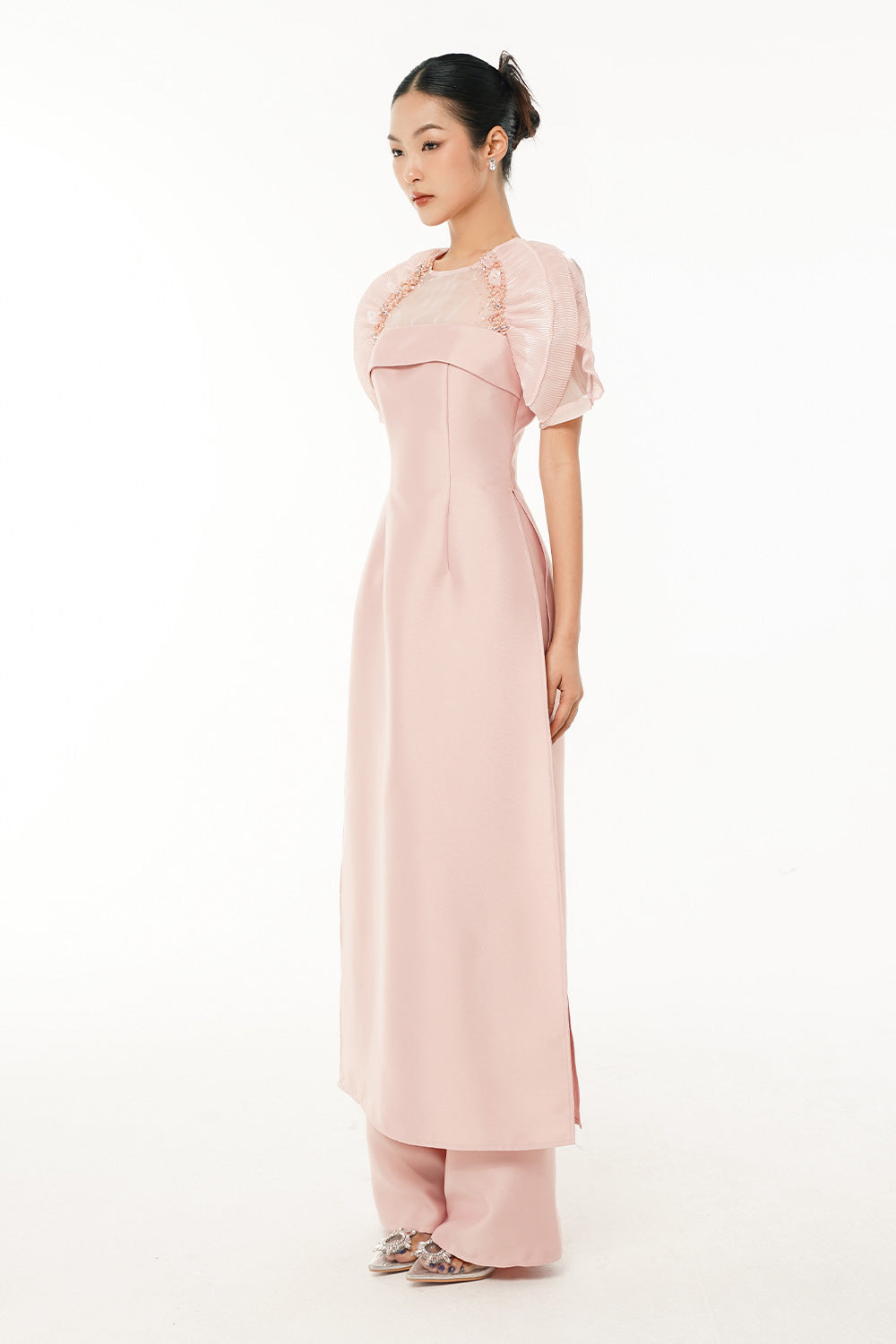 An Vu A-line Side Slit Taffeta Floor Length Ao Dai Set
