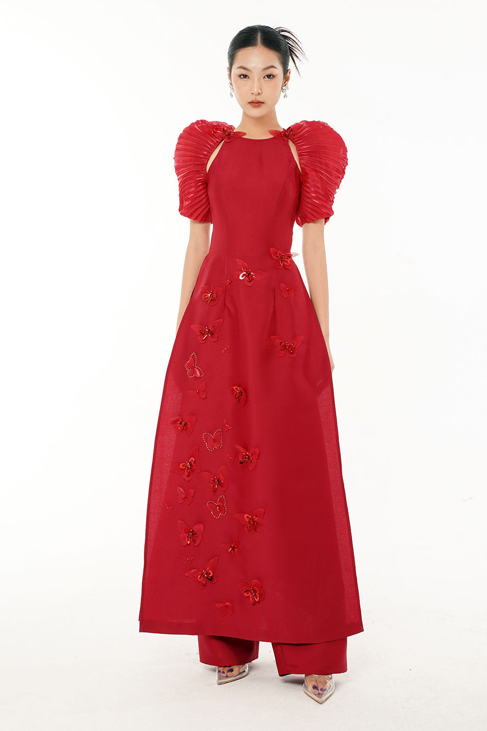 An Diep A-line Puffy Sleeved Taffeta Floor Length Ao Dai Set