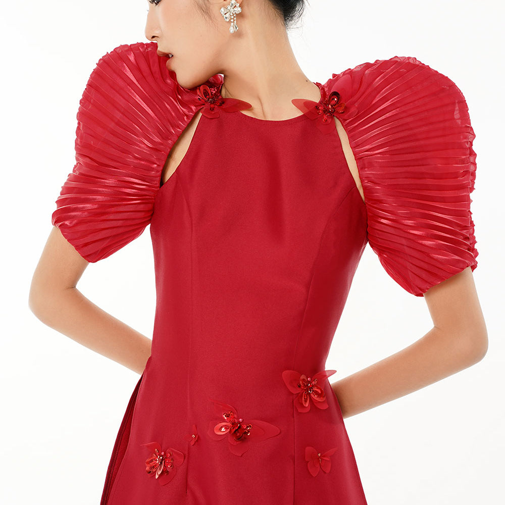 An Diep A-line Puffy Sleeved Taffeta Floor Length Ao Dai Set