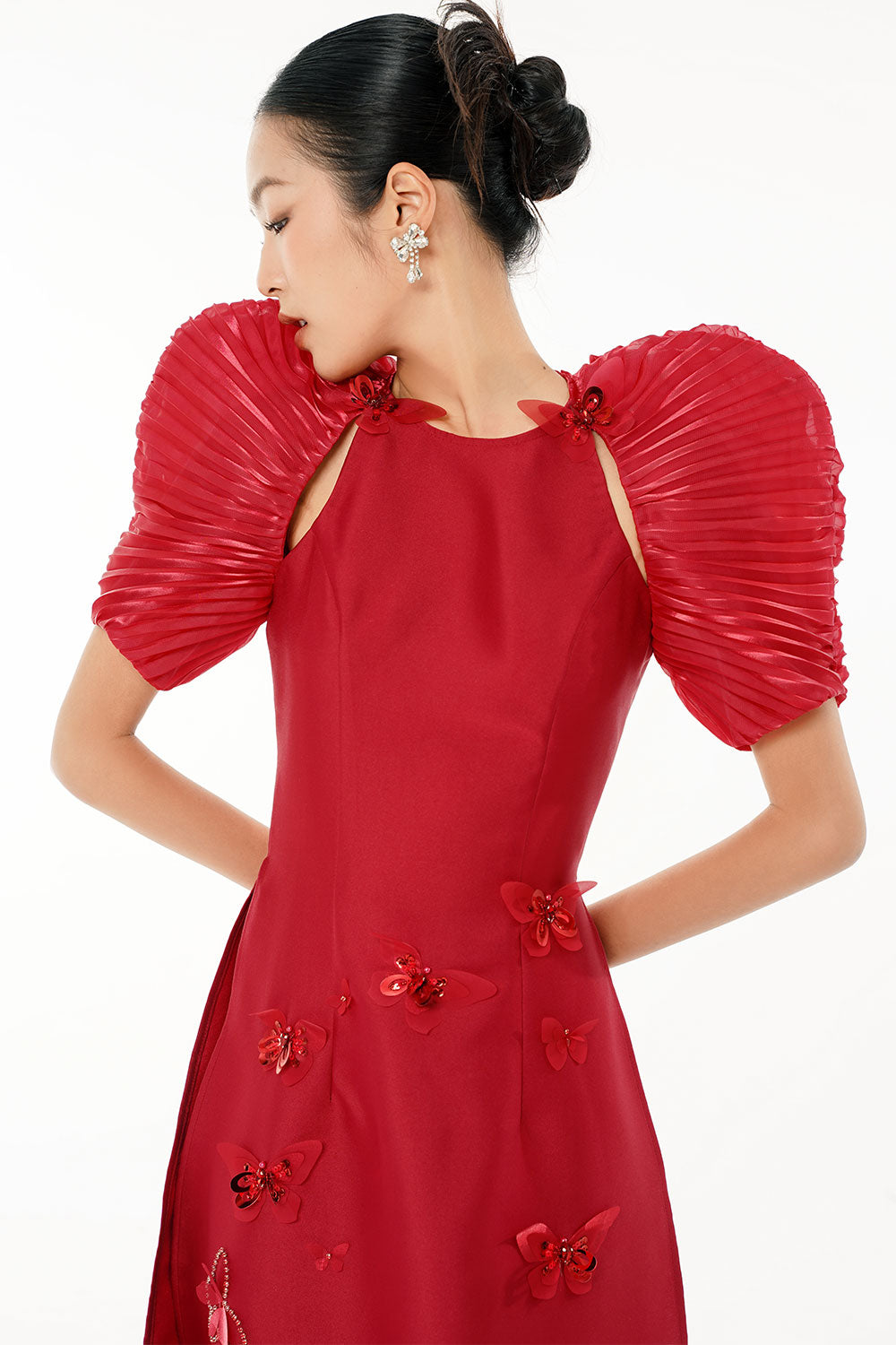 An Diep A-line Puffy Sleeved Taffeta Floor Length Ao Dai Set