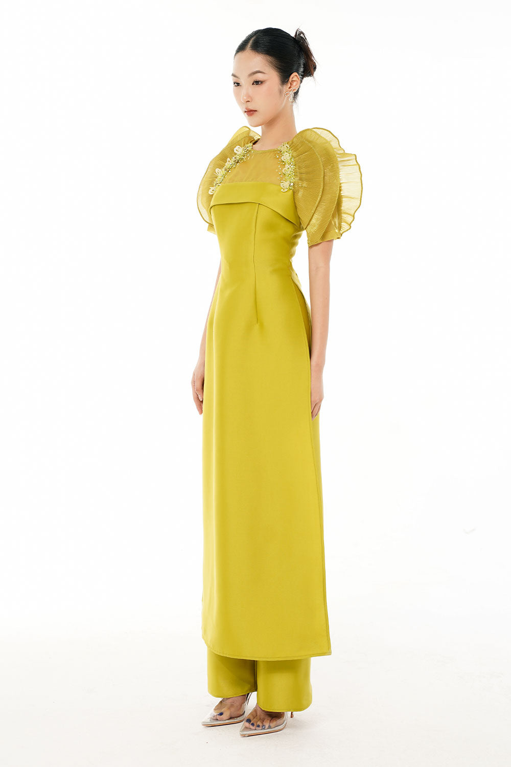 An Nguyet A-line Jewel Neck Taffeta Floor Length Ao Dai Set