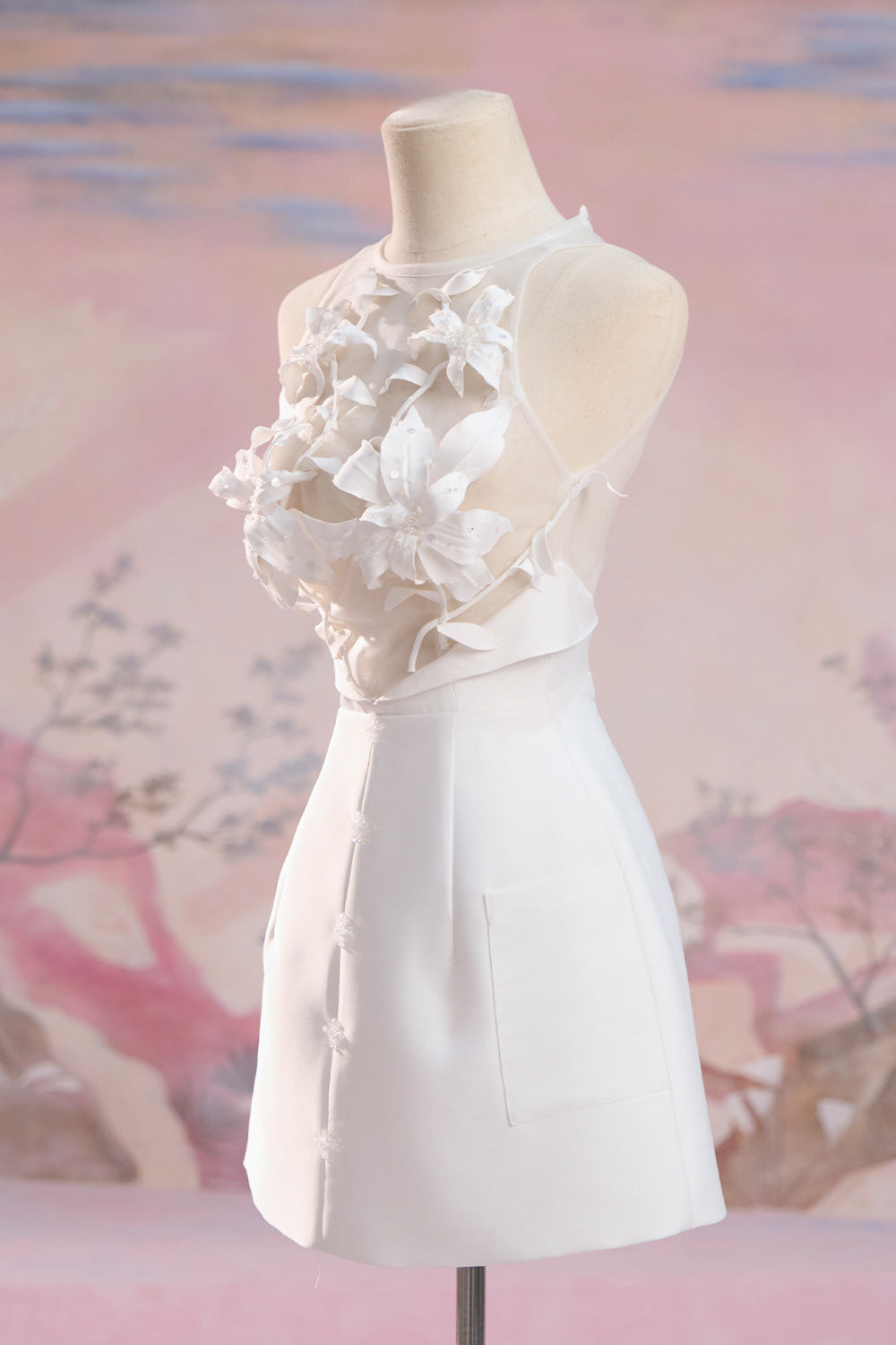 Vivian A-line Halter Neck Mesh Taffeta Mini Dress