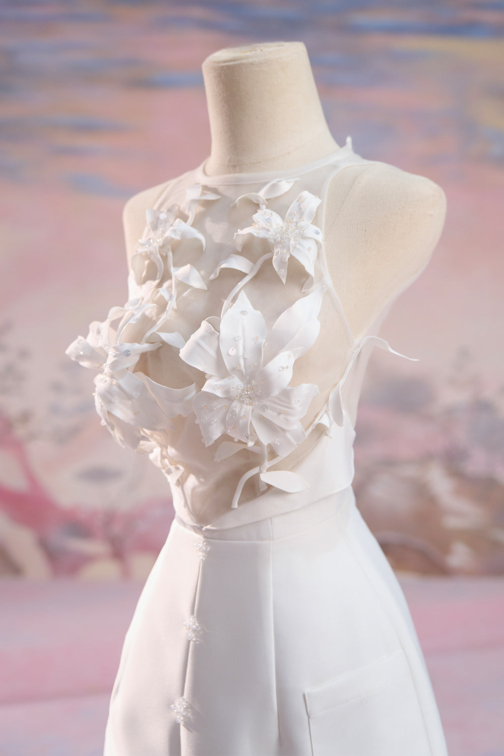 Vivian A-line Halter Neck Mesh Taffeta Mini Dress