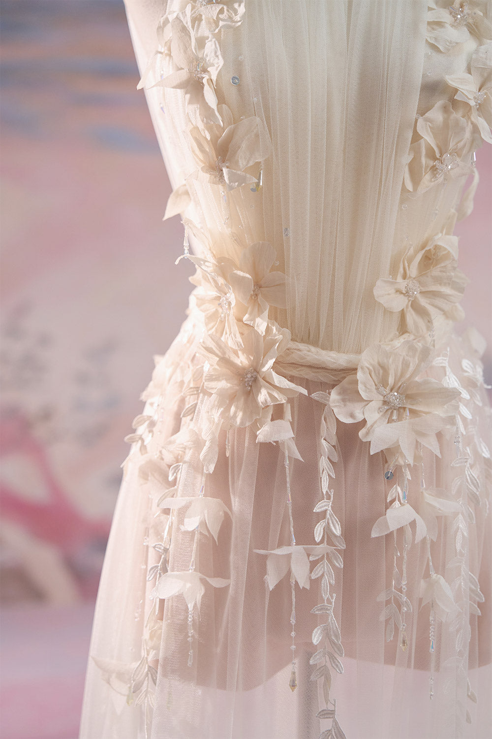 flower applique mesh dress 3D Floral Applique Tie-Strap Mesh Tulle Maxi Dress in Apricot