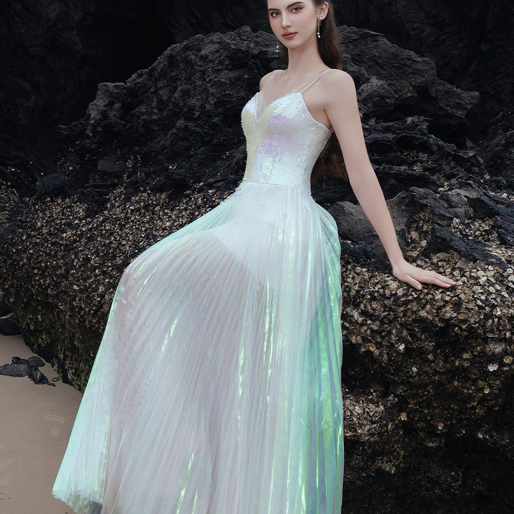 Alexa Pleated Sweetheart Neck Sequin Floor Length Dress