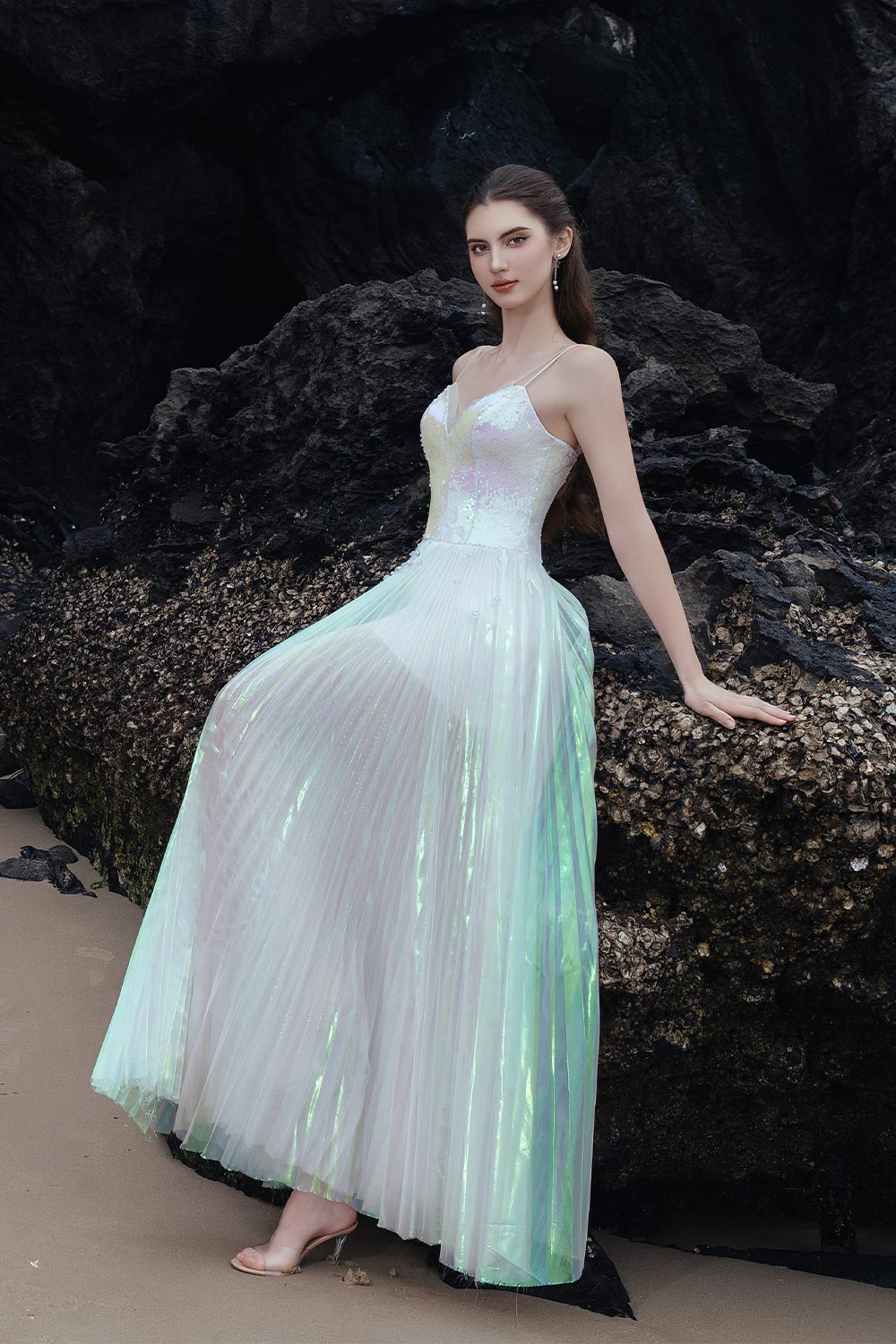 Alexa Pleated Sweetheart Neck Sequin Floor Length Dress